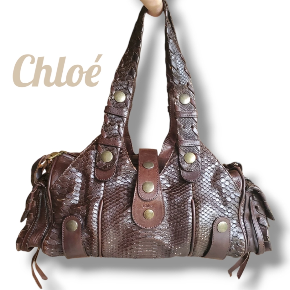Chloe Textured Brown Shoulder Bag with Gold Accents